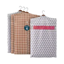 Aura Brown & Grey 4 Pieces Checked Cotton Hanging Saree Storage Covers Organisers-50