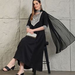 Berrylicious Geometric Yoke Design Pleated Mirror Work A-Line Kurta With Trouser & Dupatta image 2