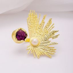 Rubans 18KT Gold-Plated Crystal Studded & Beaded Peacock Motif Ring-14