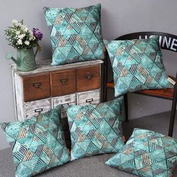 Blue Grass Sea Green & Brown 5 Pieces Abstract Printed Velvet Square Cushion Covers-image-24