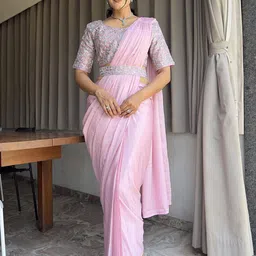 Pionex Solid Ready to Wear Saree with Embroidered Blouse & Belt-picture-49