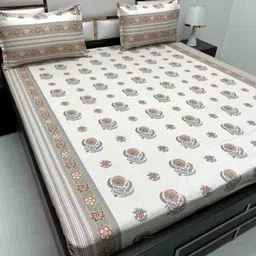 Pure Decor Cream-Coloured & Grey Floral 220 TC Queen Bedsheet with 2 Pillow Covers-image-54