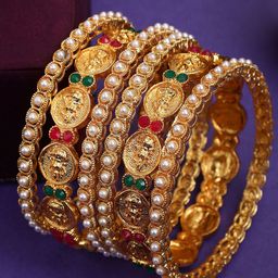 EVY Set Of 6 Gold-Plated Kundan-Studded & Beaded Bangles-image-95