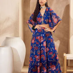 Shae by SASSAFRAS Floral Printed Flared Sleeves V-Neck Lace Ready to Wear Choli-image-67