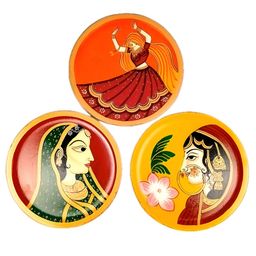 apka mart 3-Pcs Yellow & Red Rajasthani Lady Wooden Wall Hanging Plates-15