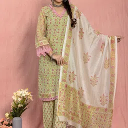 HERE&NOW Floral Printed Chanderi Cotton Straight Kurta with Palazzos & Dupatta-picture-19