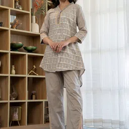FREYAA Embroidered V-Neck Pure Cotton Tunic & Trouser-image-5