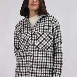 CHKOKKO Checked Spread Collar Single Breasted Shacket Coats-image-39