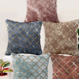 Blue Grass Brown & Navy Blue 5 Pieces Geometric Printed Velvet Square Cushion Covers-image-59
