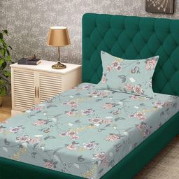 KLOTTHE Green Floral 300 TC Single Bedsheet with 1 Pillow Covers-image-83