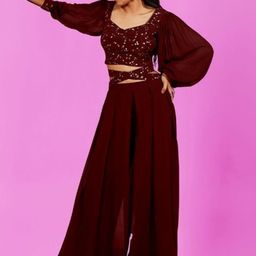 PARROT CREATION Floral Embroidered Sweetheart Neck Crop Top With Palazzo-28