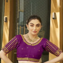 HERE&NOW Embroidered Silk Round Neck Readymade Saree Blouse-picture-14