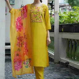 Kedar Fab Floral Yoke Design Thread Work Cotton Silk Straight Kurta & Trousers & Dupatta-image-51