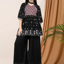 PARROT CREATION Floral Embroidered Pleated Georgette A-Line Kurti with Palazzos & Cape-image-46
