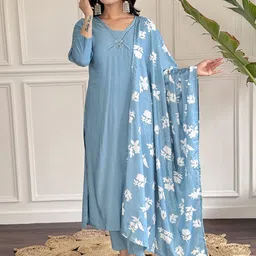THE52 Women Floral Embroidered Regular Chanderi Silk Kurta with Trousers & With Dupatta-image-87