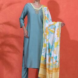 Sangria Women Embroidered Straight Kurta With Trousers & Dupatta-image-51