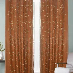 Aura 2 Pieces Brown & White Floral Embroidered Velvet Window Curtains-image-58