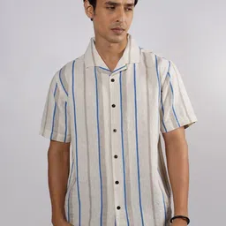 Eszett Men Vertical Striped Cuban Collar Cotton Casual Shirt-image-31