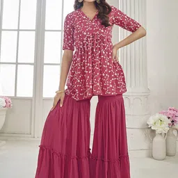 Inddus Floral Embroidered V Neck Top With Sharara Co-Ords-picture-22