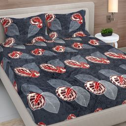 FABINALIV Grey & Red Floral Woollen 300 TC Fitted Double King Bedsheet Set-2.50mX2.25m-picture-19