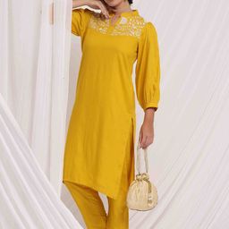 Anouk Ethnic Motifs Embroidered Mandarin Collar Thread Work Straight Kurta with Trousers-16
