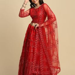 Warthy Ent Red Embroidered Thread Work Semi-Stitched Lehenga & Unstitched Blouse With Dupatta image 5