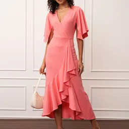 Tokyo Talkies Flared Sleeve Ruffles Midi Wrap Dress-image-68