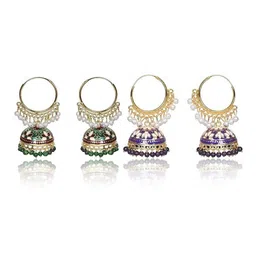 Nilu's Collection Set Of 2 Gold-Plated Pearl Beaded Dome Shaped Hoop With Jhumkas-1