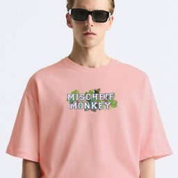 MISCHIEF MONKEY Typography Printed Drop-Shoulder Sleeves Pure Cotton Oversized T-shirt-picture-0