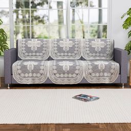 Aura White & Grey 6 Pieces Floral Printed Cotton 3 Seater Sofa Covers-14