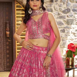 FABPIXEL Embroidered Sequinned Semi-Stitched Lehenga & Unstitched Blouse With Dupatta image 4