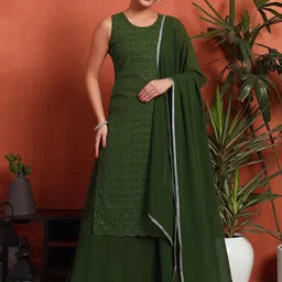 Shopping Queen Women Floral Embroidered Regular Sequinned Kurta with Palazzos & With Dupatta-picture-23