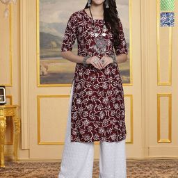 HERE&NOW Selection Of 3 Floral Printed Round Neck Straight Kurtas-image-65
