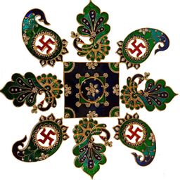 Kala Samarpan Green & Red Swastik & Peacock Shaped Rangoli Sticker With Centerpiece-49