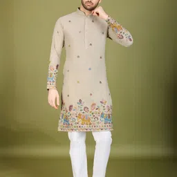 ODETTE Men Floral Embroidered Flared Sleeves Thread Work Pathani Kurta-32