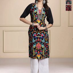 HERE&NOW Selection Of 3 Ethnic Motifs Printed Round Neck Straight Kurta-image-83