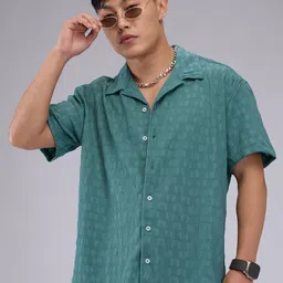 VASTRADO Men Classic Cuban Collar Textured Oversized Casual Shirt-image-79
