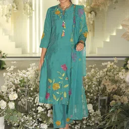Indo Era Women Floral Embroidered Regular Thread Work Kurta with Trousers & With Dupatta-image-23
