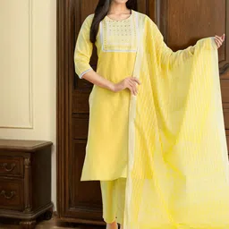 SANISA Floral Yoke Deisgn Round Neck Mirror Work Straight Kurta & Trousers With Dupatta-picture-5