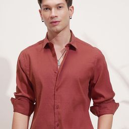 HIGHLANDER Men Slim Fit Textured Spread Collar Casual Shirt-picture-31
