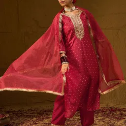 Indo Era Women Embroidered Regular Chanderi Silk Kurta with Trousers & With Dupatta-picture-55