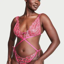 Victoria's Secret Unlined Shimmer Heart Embroidery Crotchless Teddy Baby Doll-image-12