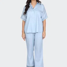 HUE & HIDE Pure Cotton Shirt Collar Shirt With Trousers Co-Ords Set-image-27