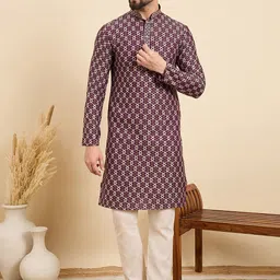 House of Pataudi Geometric Embroidered Thread Work Mandarin Collar Straight Kurta-picture-10