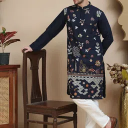 Jompers Floral Embroidered Mandarin Collar Thread Work Straight Kurta With Pyjamas-picture-15