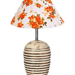 Devansh White & Orange-Coloured Printed Wooden Table Lamp With Cotton Shade image 5