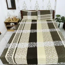 Marika Brown & Cream-Coloured Striped 150 TC King Bedsheet with 2 Pillow Covers-4