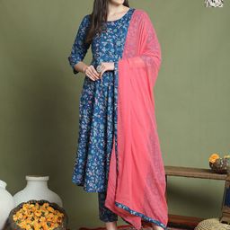 Merira Selection Of 2 Floral Printed Round Neck A-Line Kurta With Trouser & Dupatta-picture-3