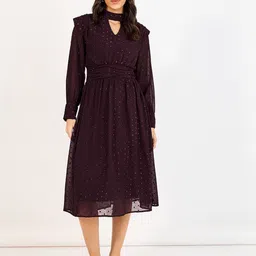 Styli Women Burgundy Lurex Polka Dot A-Line Midi Dress-image-68