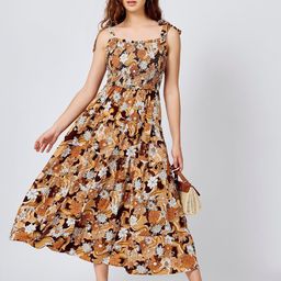 Outzidr Women Floral Printed Shoulder Straps Smocked Detailed Fit & Flare Midi Dress-image-67